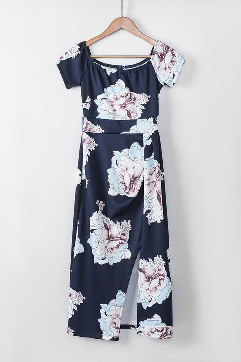 Print Off Shoulder Slit Bodycon Midi Dress